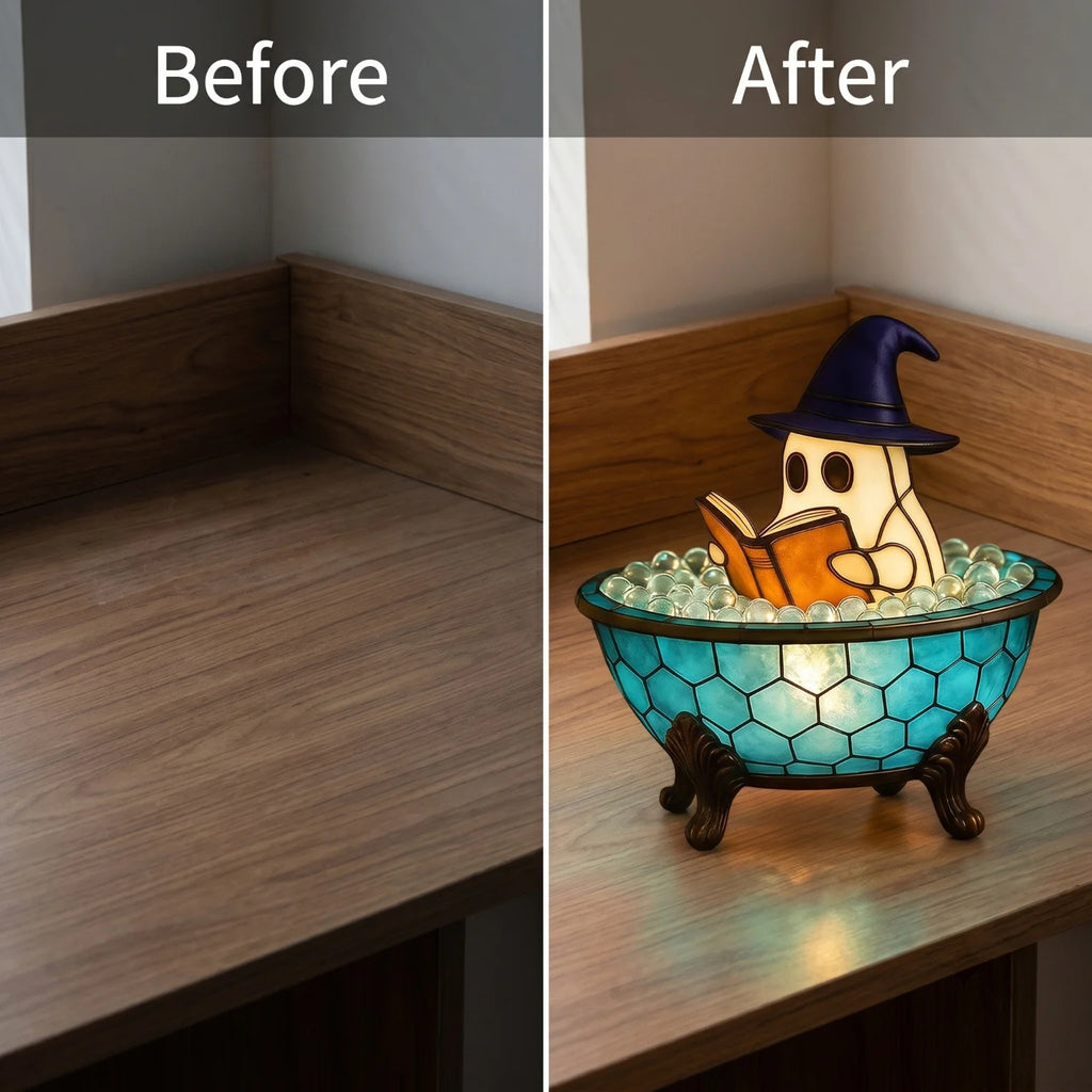 Cute Ghost Reading in Bathtub Stained Glass Night Light
