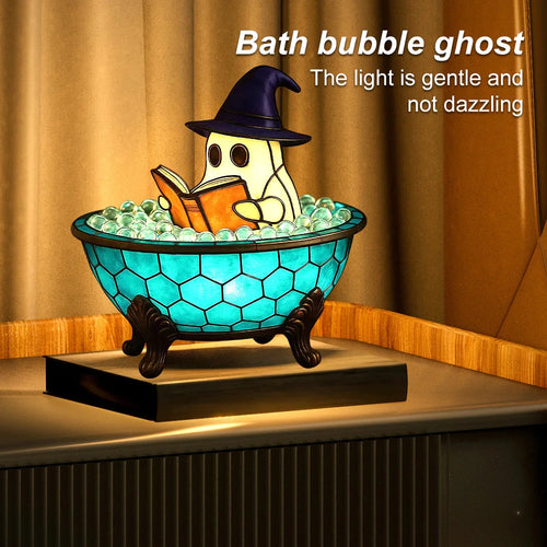 Cute Ghost Reading in Bathtub Stained Glass Night Light