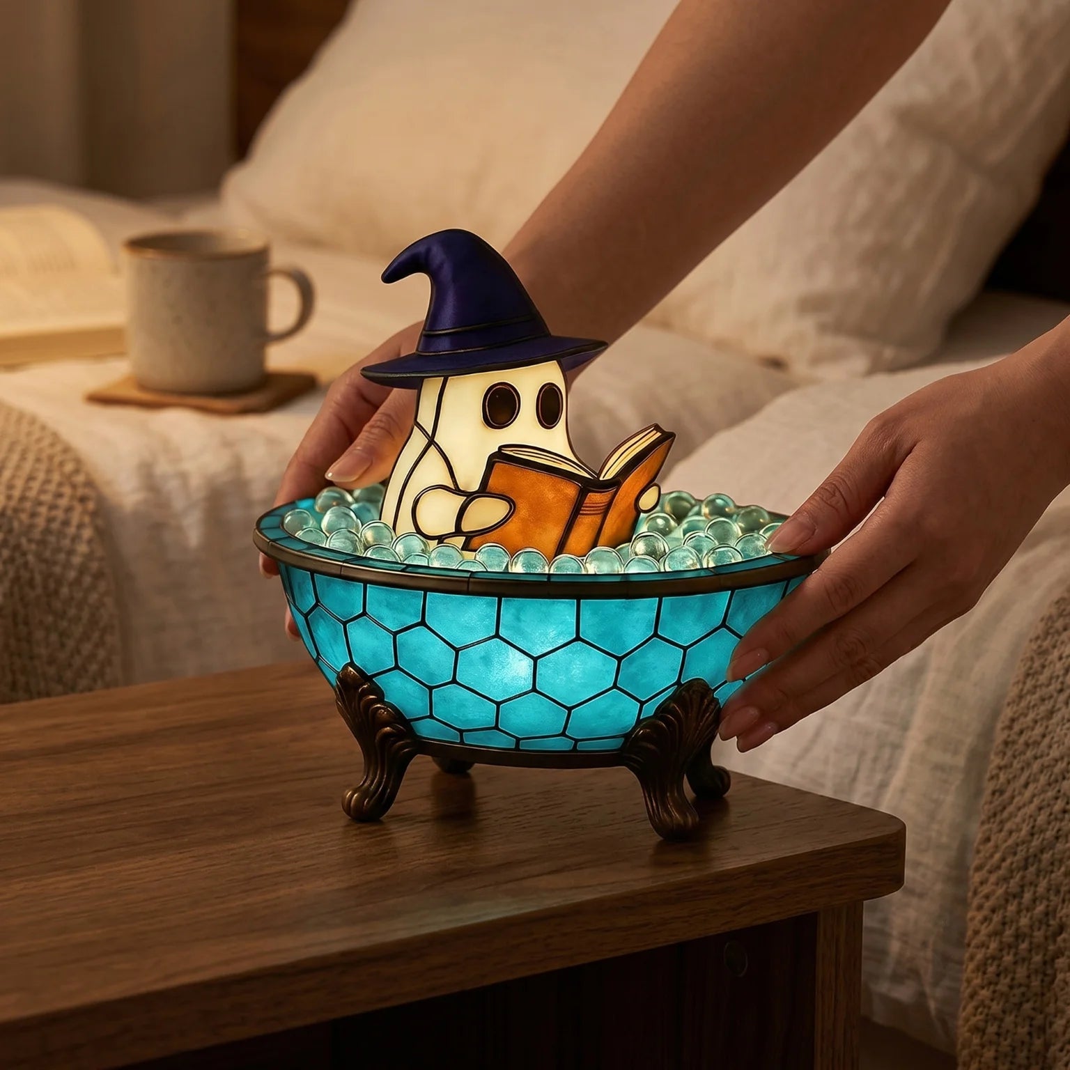 Cute Ghost Reading in Bathtub Stained Glass Night Light