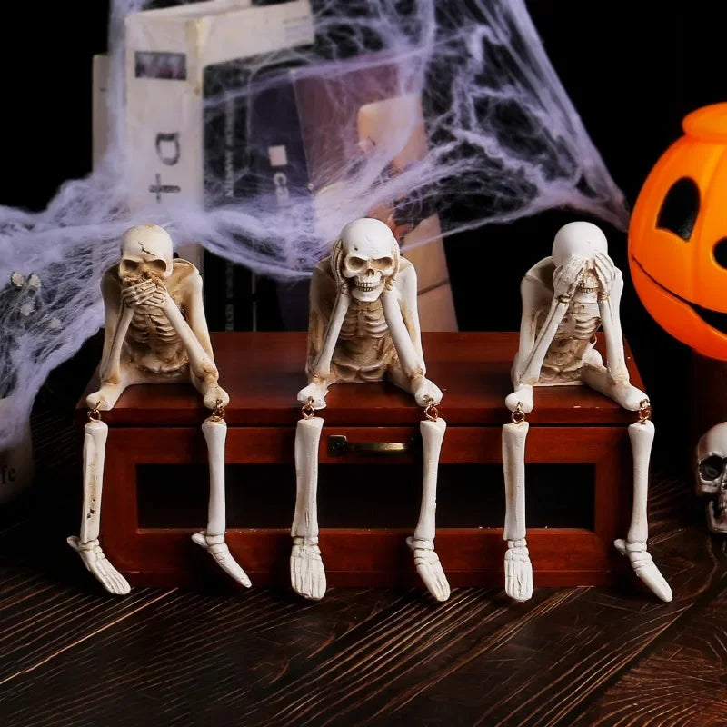 Spooky "Hear No Evil""Speak No Evil""See No Evil" Skeleton Edge Sitting Figurines