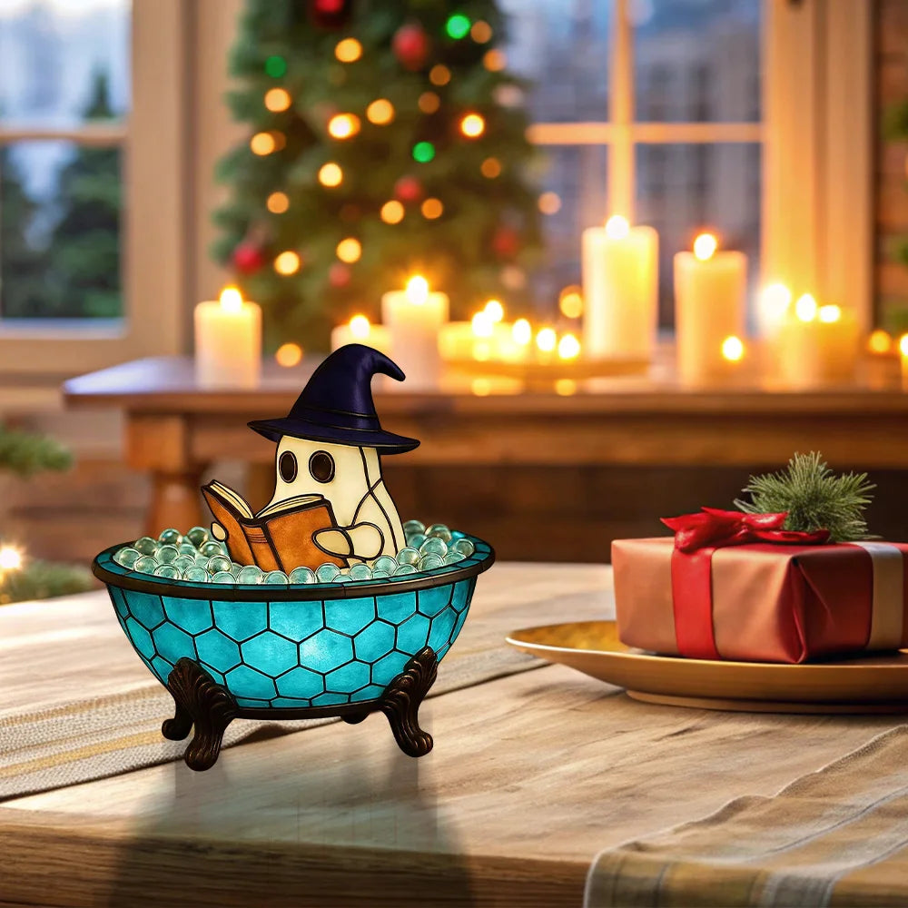 Cute Ghost Reading in Bathtub Stained Glass Night Light