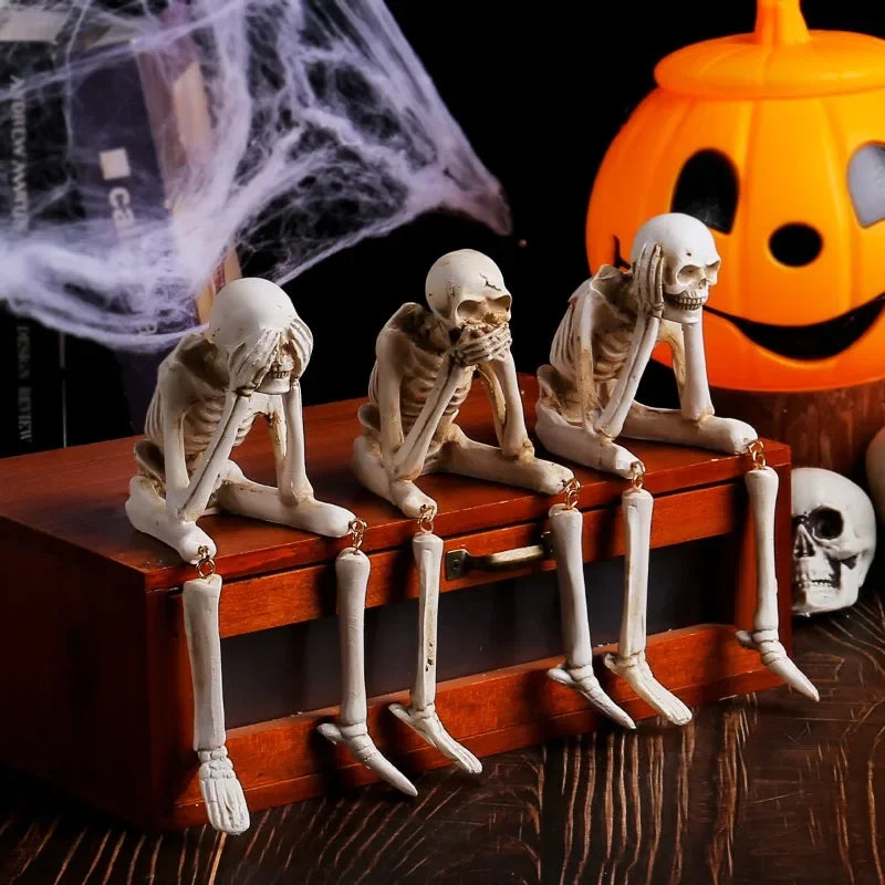Spooky "Hear No Evil""Speak No Evil""See No Evil" Skeleton Edge Sitting Figurines