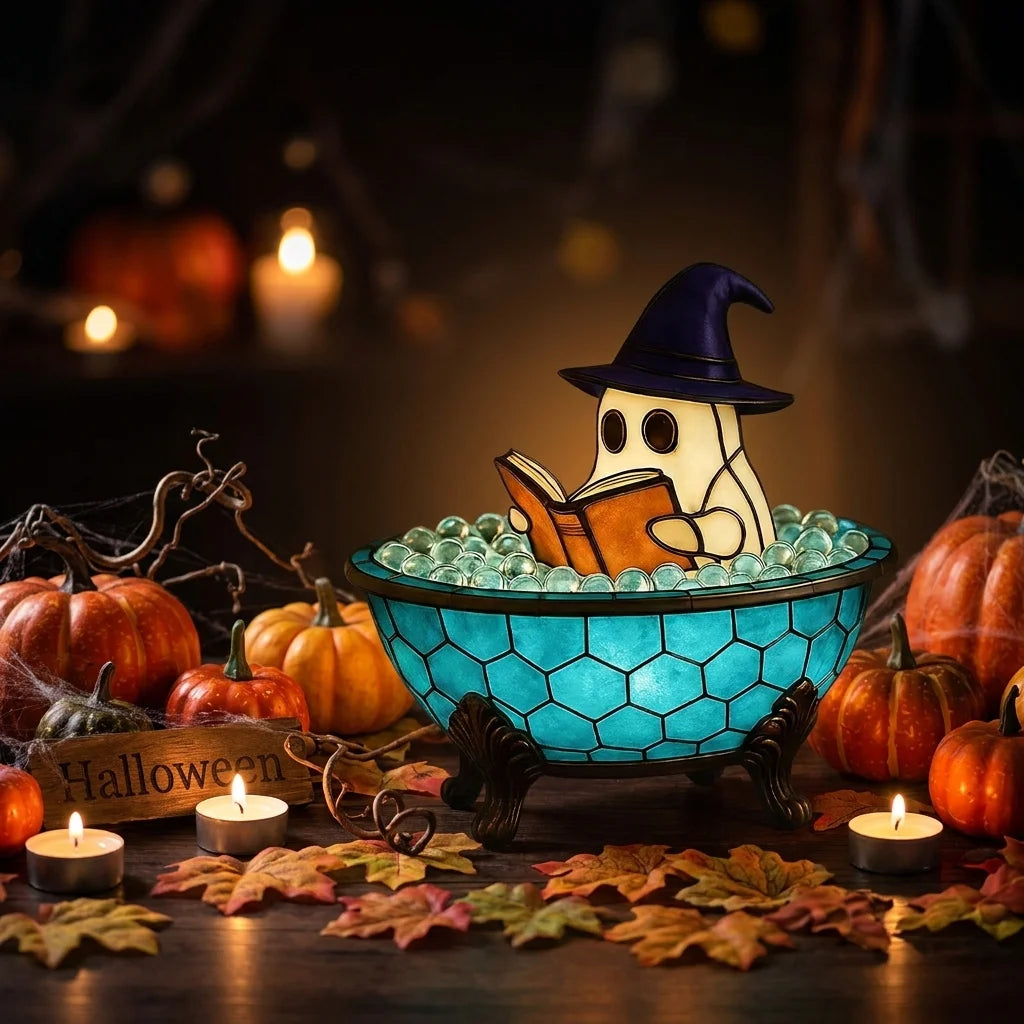 Cute Ghost Reading in Bathtub Stained Glass Night Light